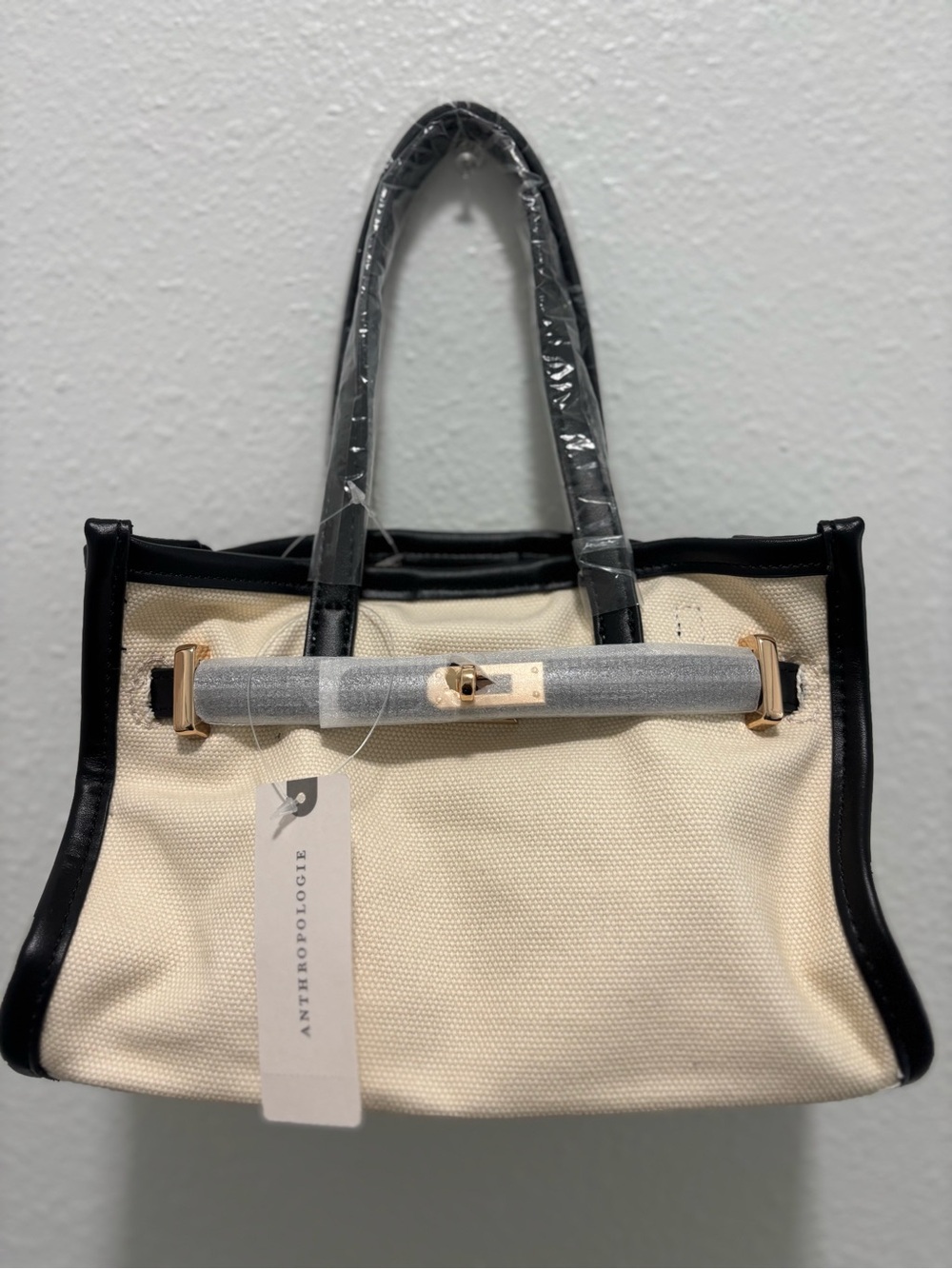 Anthropologie Cream Canvas Tote with Black Trim and Gold Hardware